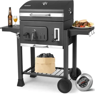 Zdjęcie produktu dla Grill – Węgiel drzewny do grilla – Grill – Wędzarnia – z pokrywą, regulowaną rusztem i wbudowanym termometrem