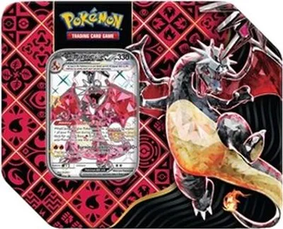 A Pokemon Paldean Fates: Tera Charizard ex Tin with a trading card displayed.
