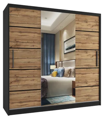 Image de BELINI Verona : Armoire coulissante de 200 cm, noire/dorée mate, avec miroir et 4 tiroirs, idéale pour la chambre