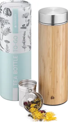 Produktbild von Navaris Teeflasche aus Edelstahl und Bambus mit Sieb - 500ml Tee Flasche Teekanne to go - Trinkflasche Teebehälter Teebecher - auslaufsicher