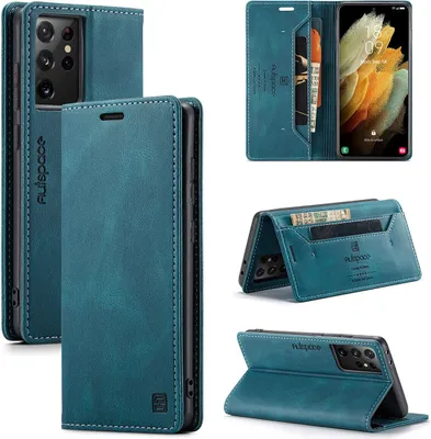 Produktbild von Samsung Galaxy S21 Ultra 5G Brieftasche Hülle, Retro Kunstledertasche Stand Schutzhülle für Samsung Galaxy S21 Ultra 5G Blau