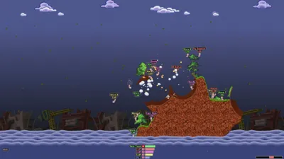 A scene from the video game Worms Armageddon, showing worms battling on a rocky island in the water.