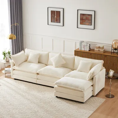 Produktbild von MODFU L-förmiges Ecksofa mit Armlehnenkissen, Lendenkissen, Fußhocker, Dreisitzer-Sofa Polstermöbel für Wohn- und Schlafzimmer, Beige