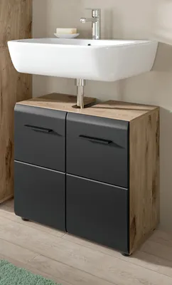 Produktbild von Waschbeckenunterschrank "Cover" in schwarz matt und Nox Eiche Badezimmer Unterschrank 60 cm