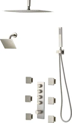 Immagine prodotto di Sistema doccia SucceBuy con soffione a pioggia da 16 pollici, soffione a parete da 6 pollici, doccetta e 6 getti per il corpo, doppio soffione a pioggia, valvola in ottone e set di finiture in nichel spazzolato