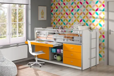 Produktbild von Multifunktionsbett Ponny Kinderbett Bett Funktionsbett Hochbett Weiß / Orange