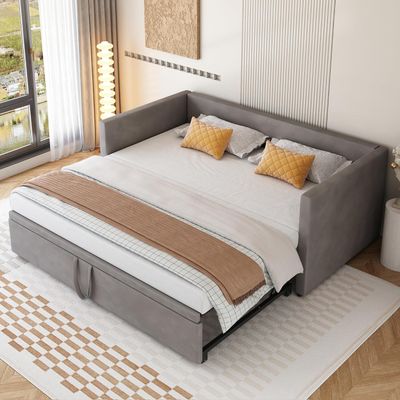 Fortuna Lai Tagesbett 90x200cm/180x200cm Ausziehbett, Erweiterbares Schlafsofa mit Lattenrost und Armlehnen, Samt Polsterbett Kinderbett Sofabett,Grau