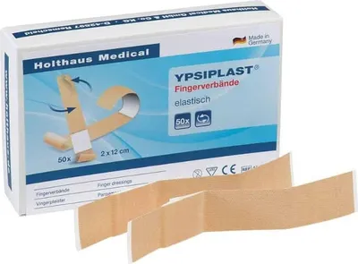 A box of Holthaus Medical YPSIPLAST elastic finger bandages, with some bandages shown in the foreground.