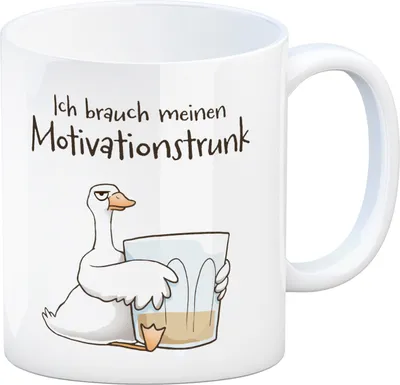 Produktbild von Gilbert die Gans Kaffeebecher mit Spruch Ich brauch meinen Motivationstrunk
