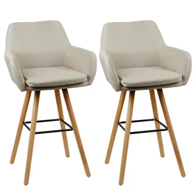 Image de Ensemble de deux tabourets de bar, rembourrés, avec dossier et repose-pieds. Pieds en bois robustes. Design élégant