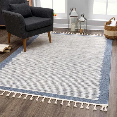 Produktbild von Teppich Wohnzimmer Blau - 160x230 cm - Streifen-Muster - Kurzflor Fransenteppiche Modern