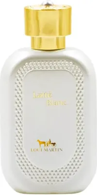 A white perfume bottle with a gold cap and gold text on the front.