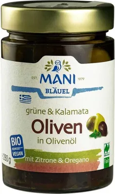 Produktbild von MANI -  Grüne & Kalamata Oliven in Olivenöl mit Zitrone - 280 g