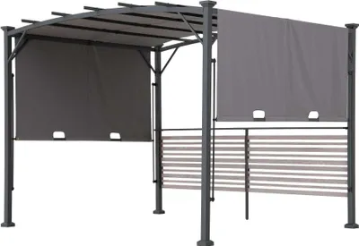 A gray pergola with side curtains and a slatted fence.