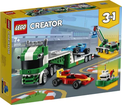 Produktbild von LEGO 31113 Creator 3-In-1 Rennwagentransporter LKW mit Anhänger, Kran und Boot