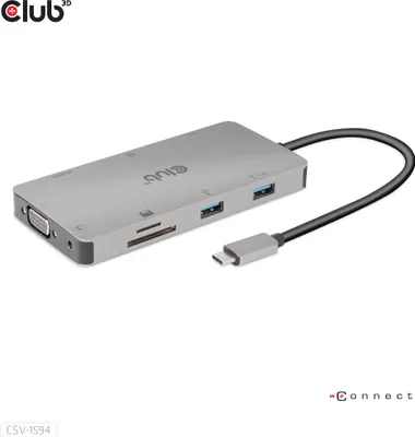 Produktbild von Club3D Usb-C 9In1-Hub >Hdmi/Vga/2Xusb/Usb-C/Rj45/Sd Pd100W