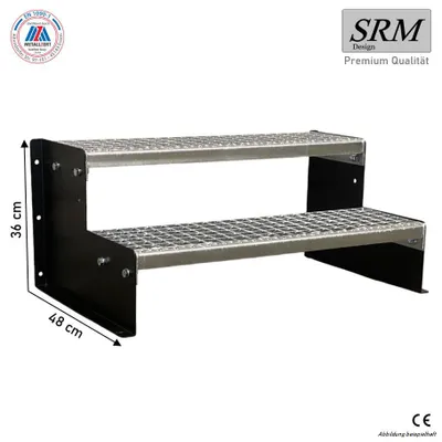A product image of a two-step metal staircase against a white background, with dimensions indicated.