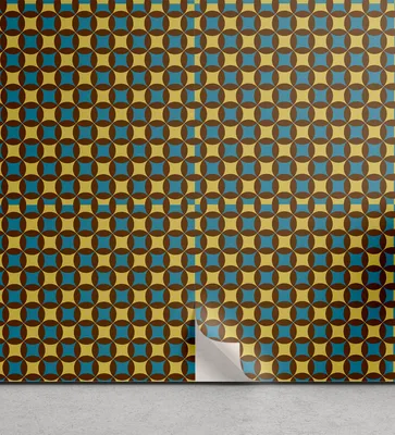 Produktbild von ABAKUHAUS Retro abziehbare & klebbare Tapete für Zuhause, Geometric Tile 70er Jahre Stil, selbstklebendes Wohnzimmer Küchenakzent, 33 cm x 250 cm, Braun Blau und Gelb