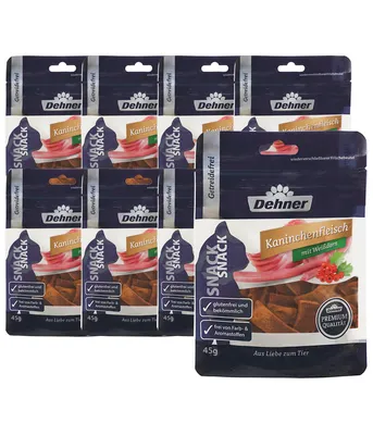 Produktbild von Dehner Premium Katzensnack, Leckerli getreidefrei / glutenfrei, für ausgewachsene Katzen, Kaninchenfleisch mit Weißdorn, 8 x 45 g (360 g)