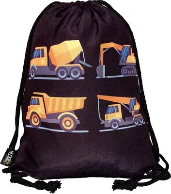 Produktbild von HECKBO Kinder Turnbeutel für Jungen, Jungs | beidseitig mit 4 Baufahrzeugen bedruckt | für Kindergarten, Krippe, Reise, Sport | Gymsack, Rucksack, Spieltasche, Sportbeutel, Schuhbeutel