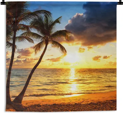 Produktbild von MuchoWow® Wandteppich Wandbehang Strand - Horizont - Sonnenuntergang - Palme - Meer 120x120 cm Tapisserie Dekoration Wandtuch - Modern - Baumwollgewebe