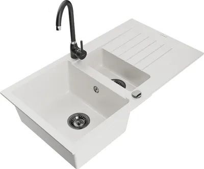 Produktbild von Mexen Matias 1,5-Becken-Granitspüle mit Abtropffläche und Mischbatterie Telma, Weiß - 6502-20-670200-70