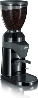 A black coffee grinder filled with coffee beans.