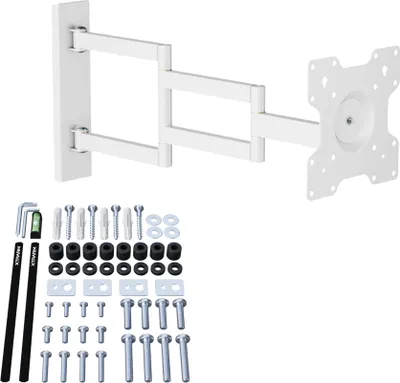A white TV wall mount with its included hardware laid out below it.