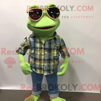 Produktbild von Limettengrüner REDBROKOLY Frosch-Maskottchen-Kostümcharakter mit Flanellhemd und Sonnenbrille