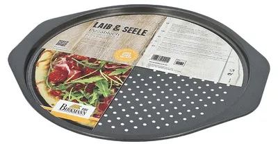 Produktbild von BIRKMANN Pizzablech, Ø 28 cm, Antihaftbeschichtung, Perforiert, mit Griffflächen und Rezept
