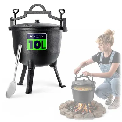 Produktbild von KADAX Jagdkessel aus Gusseisen, 10 l, Topf für ein Grilllagerfeuer + Löffel