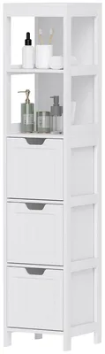 Image de Armoire de salle de bain avec 2 étagères et 3 tiroirs | Couleur : Blanc | Dimensions : 30 x 30 x 142,4 cm