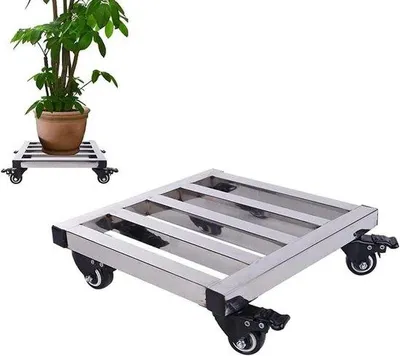 Productafbeelding van Plantenpot Trolley - Onderzetter op wielen - Verplaatsen van planten - Met remfunctie - 35 cm - Zilver
