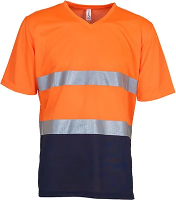 Produktbild von YOKO HVJ910 | Herren Hi Vis Top Cool Super Light V-Neck Arbeits T-Shirt - Farbe: Hi-Vis Orange/Navy - Größe: M