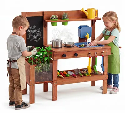 Produktbild von COSTWAY Matschküche, Kinderspielküche mit Pflanzkasten, Tafel, Wassertank, Spülbecken, Wasserhahn, Spielküche & Zubehör,Gartenspielküche für Kinder 3+