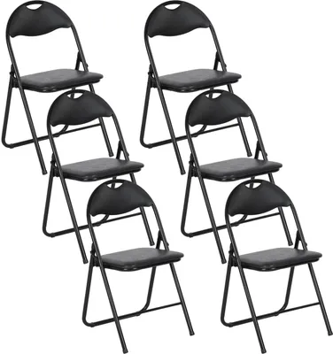 A set of six black folding chairs arranged in two columns.