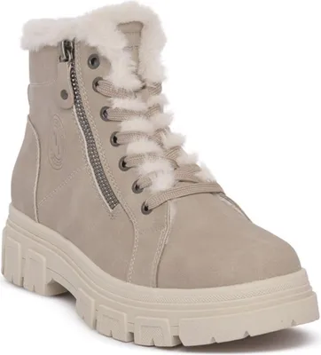 A single cream-colored winter boot with white fur trim and a thick sole, shown from a front-side angle against a white background.