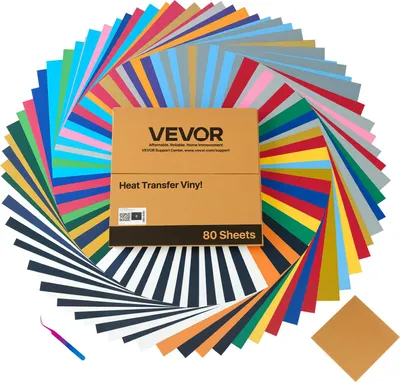 Produktbild von VEVOR Vinylfolie Wärmeübertragung Transferfolie (304,8 x 304,8 mm) 80 Blätter, verschiedene Farben, Plotterfolie kompatibel mit Schneidemaschinen, Aufbügelfolie für T-Shirts Kissen Hüte