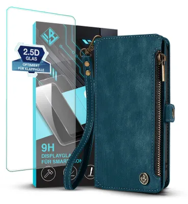 Produktbild von Handy Hülle für Xiaomi 15T Geldbeutel Geldbörse RFID Schutz Klapphülle Cover Schutzhülle Wallet mit 9H Displayglas Displayschutz Farbe: Petrol