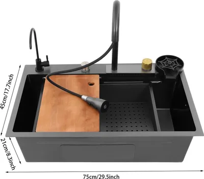 Immagine prodotto di Lavello da cucina in acciaio inossidabile - Lavello da incasso con rubinetto a cascata estraibile - Profondità 21 cm - Rivestimento nano - Vasca singola - Grigio