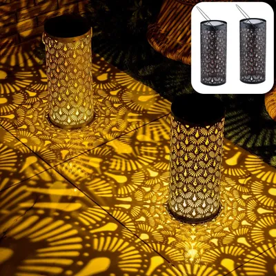 Produktbild von Marrakesch 2er Set Solarlaterne für außen mit Henkel aus Metall 30cm Groß | Orientalische Outdoor Solar LED Laterne fava Schwarz IP65 Wasserdicht als Gartendeko Deko