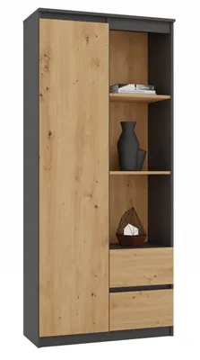 A tall, narrow cabinet with a wooden door on the left and open shelves and drawers on the right, displayed against a white background.
