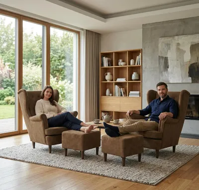 Produktbild von 2er-Set Ohrensessel DIANA Royal – Mit Hockern, Velours in Braun, Family Meble, KI-generiertes Bild