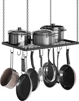 Produktbild von PolkaHome® Hängendes Topfregal für die Küche, Deckenmontage, Metall-Kochgeschirr-Aufbewahrungsorganizer mit 12 Haken, 60,2 cm L, Schwarz