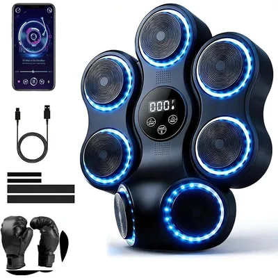 Produktbild von Musik-Boxmaschine für Erwachsene, Bluetooth Boxtrainer mit LED-Display, 11 Modi, 9 Geschwindigkeiten, Trefferzähler und Boxhandschuhe