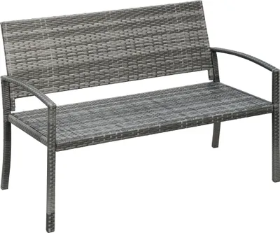 Image de Fortuna Lai Banc de jardin aspect rotin Banc public avec structure en acier pour 2 personnes Banc de balcon pouvant supporter jusqu'à 320 kg Gris Meubles de jardin