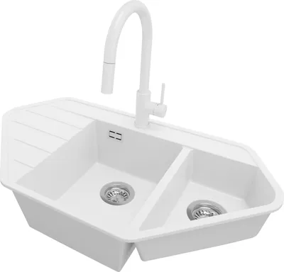 Produktbild von PRIMAGRAN Granitspüle Weiß 90x50cm, Eckspüle 1,5 Becken + Küchenarmatur 40x20cm + Ablauf-Set, Küchenspüle ab 80er Unterschrank - Kopenhagen Corner