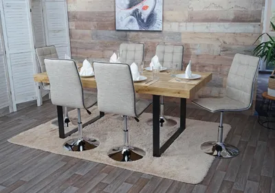 Produktbild von 6er-Set Esszimmerstuhl HWC-C41, Stuhl Küchenstuhl, höhenverstellbar drehbar, Stoff/Textil   creme-grau