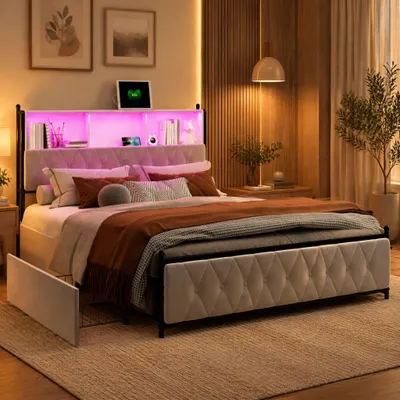 Obrázok produktu pre INONEFT Čalúnená posteľ s úložným priestorom, 180x200 cm, s LED osvetlením/USB portmi, posteľ pre mládež s úložným priestorom, 4 zásuvky, dvojlôžko s roštom, látka: zamat, farba: béžová