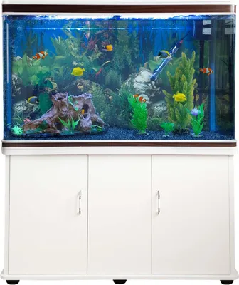 Produktbild von MonsterShop Aquarium Starter Komplettset Aquarium mit passendem Unterschrank inklusive Aquarienpflanzen Blauer Kies Aquarium Hintergrund 143.5cm H x 120.5cm B x 39cm T